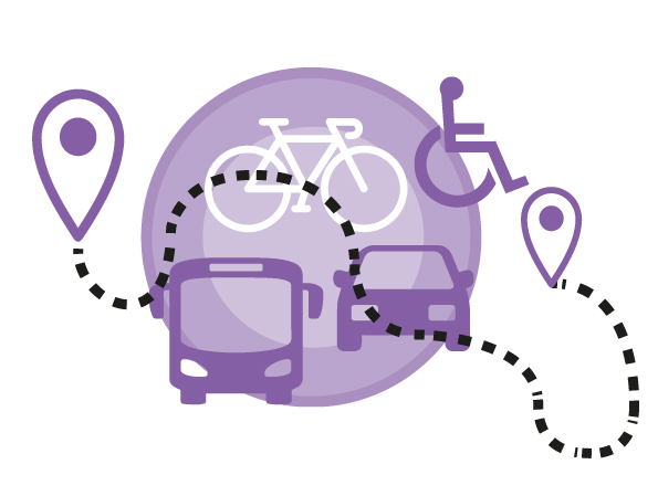 Purple graphic of buses, bike and wheelchair