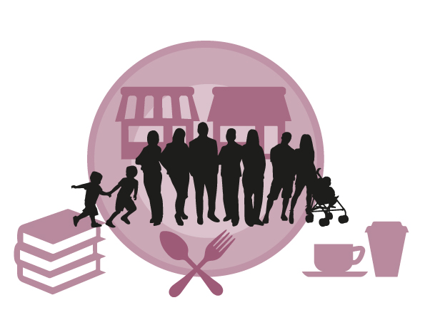 Pink graphic with resturant and people symbols